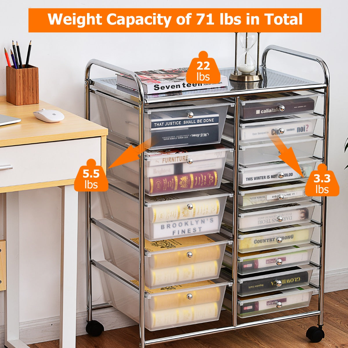 15 Drawer Rolling Storage Cart with Wheels for Home Office Clear