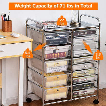 15 Drawer Rolling Storage Cart with Wheels for Home Office Clear