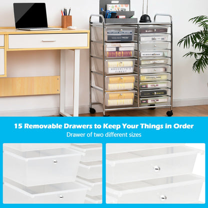 15 Drawer Rolling Storage Cart with Wheels for Home Office Clear