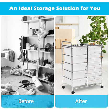 15 Drawer Rolling Storage Cart with Wheels for Home Office Clear