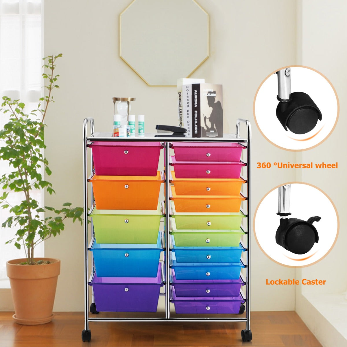 15 Drawer Rolling Storage Cart with Wheels for Home Office Multi-color