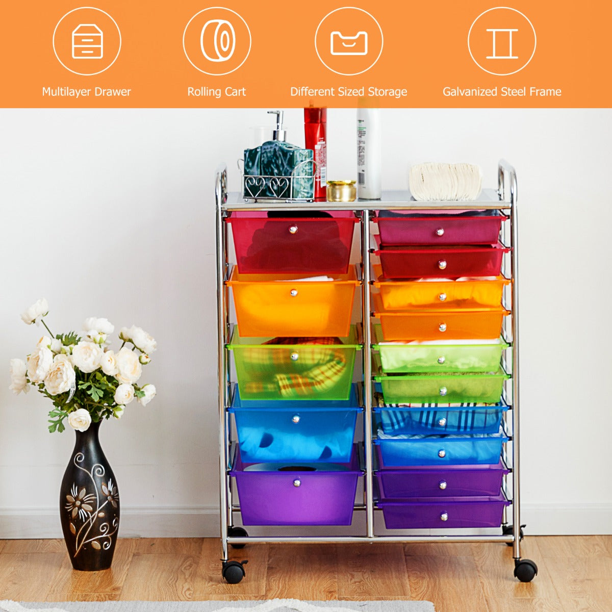 15 Drawer Rolling Storage Cart with Wheels for Home Office Multi-color