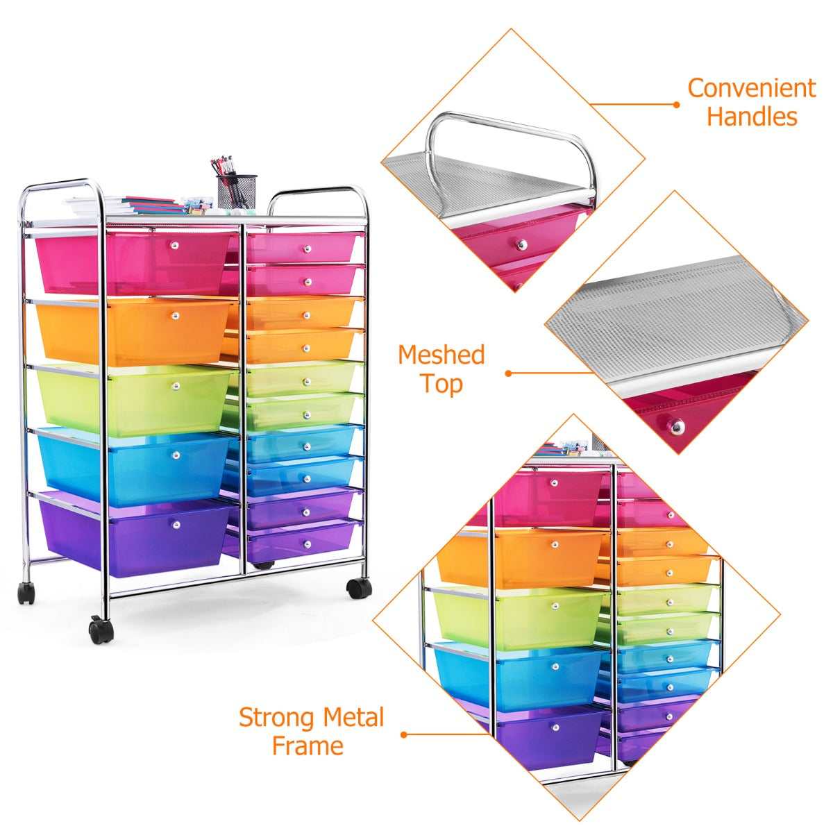 15 Drawer Rolling Storage Cart with Wheels for Home Office Multi-color