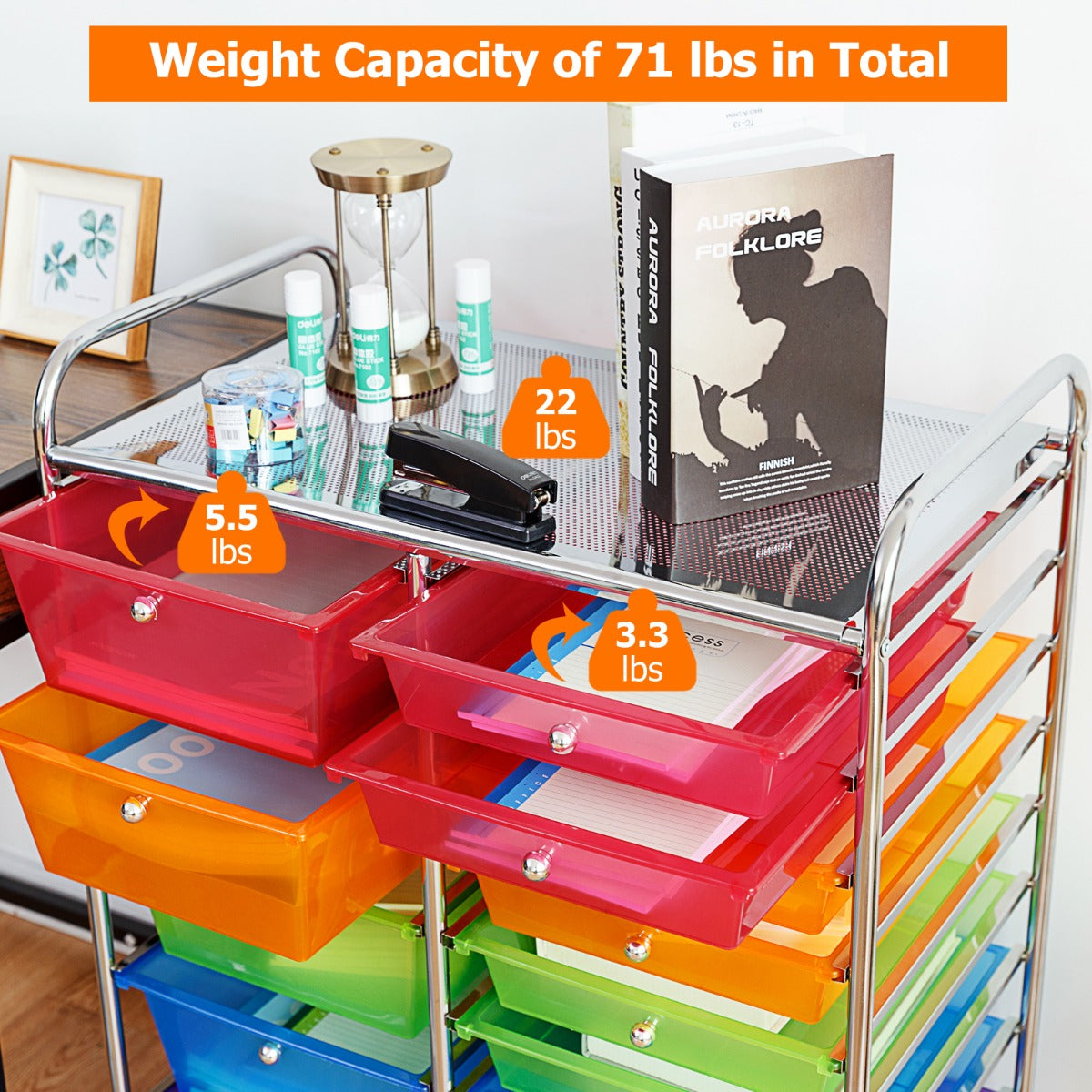 15 Drawer Rolling Storage Cart with Wheels for Home Office Multi-color
