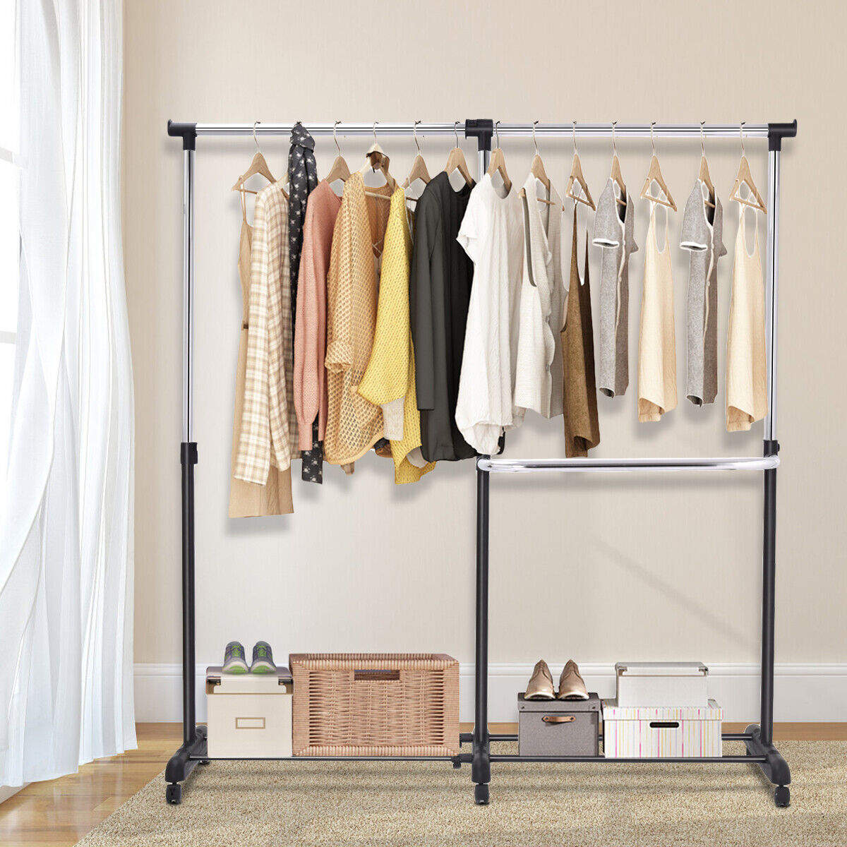 Costway Single Rail Mobile Garment Rack with Wheels & Bottom Shelf