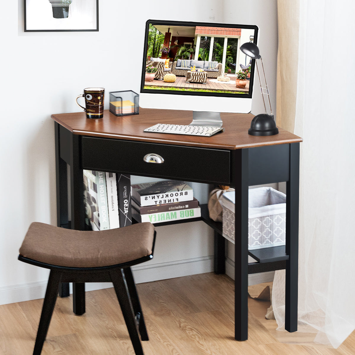 Solid construction and natural wood charm create a durable and elegant workstation