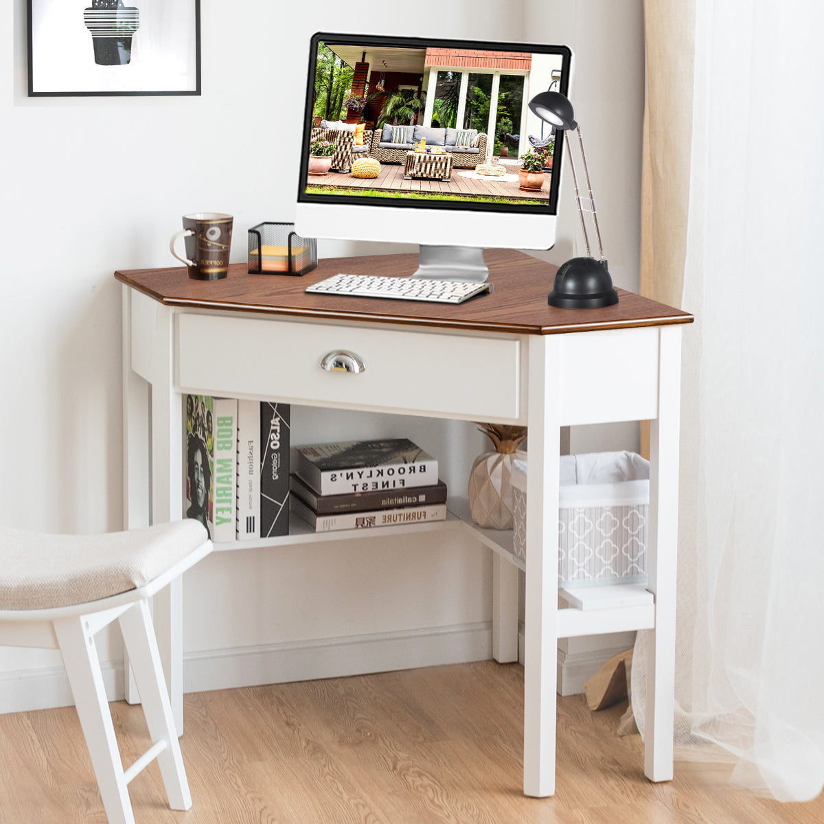 Vintage rustic corner desk with natural wood charm and classic design for home interiors