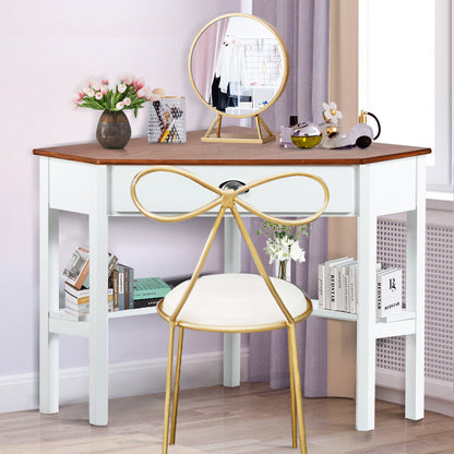 Compact desk with L-shaped storage shelf keeps books, baskets and office supplies organized