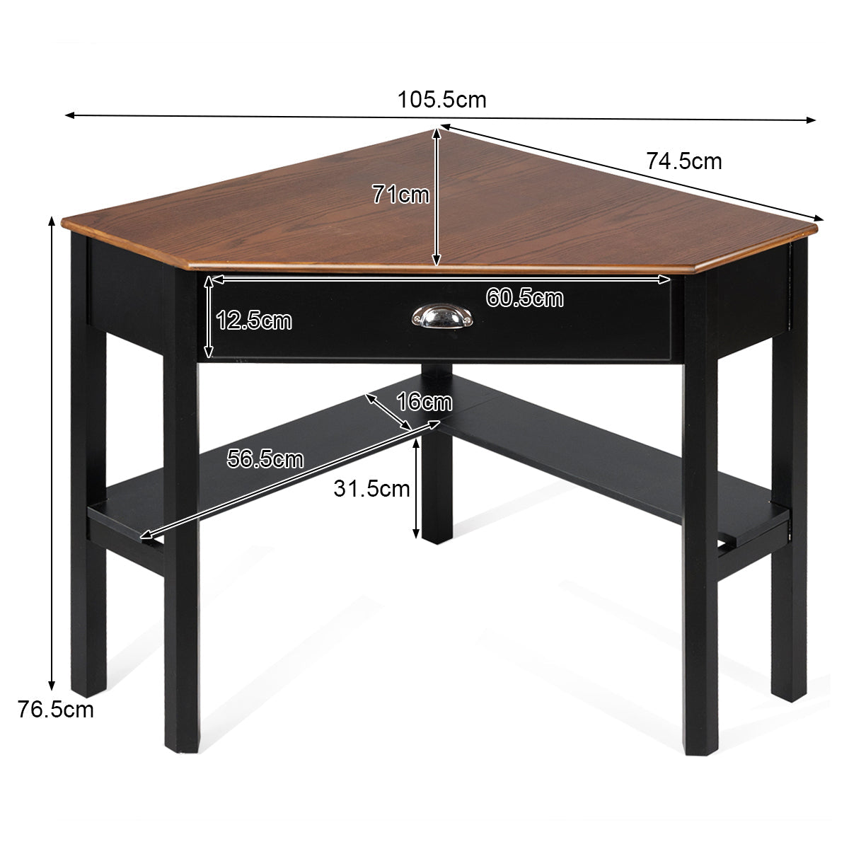 Space-saving triangular corner desk fits neatly into left or right room corners to maximize floor space