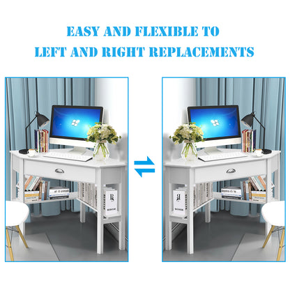 Corner Computer Desk with Drawer &amp;amp; Shelves for Office-White