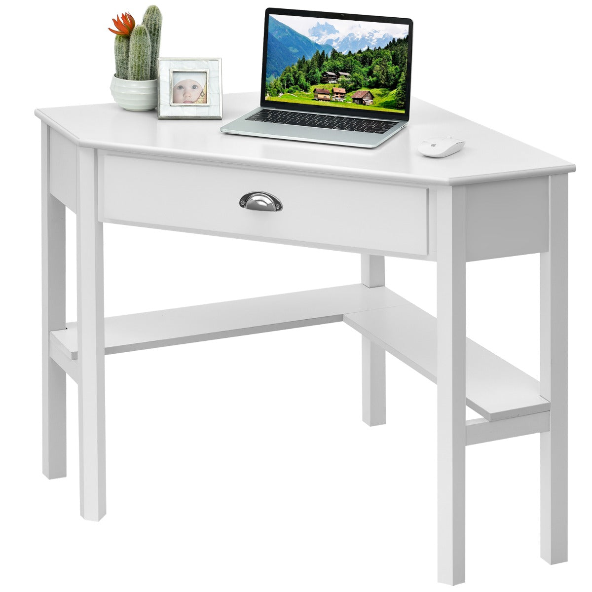 Corner Computer Desk with Drawer &amp;amp; Shelves for Office-White