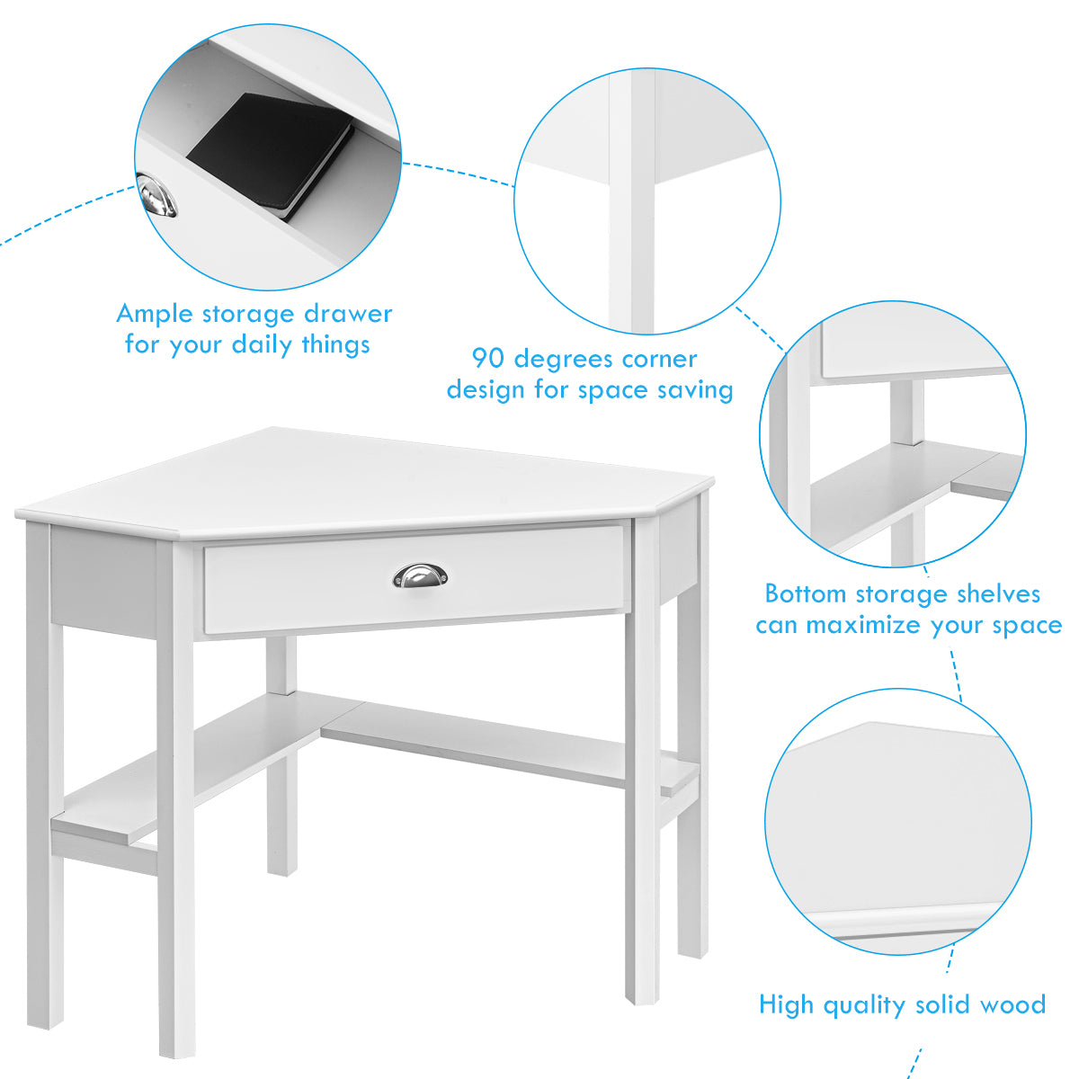 Corner Computer Desk with Drawer &amp;amp; Shelves for Office-White