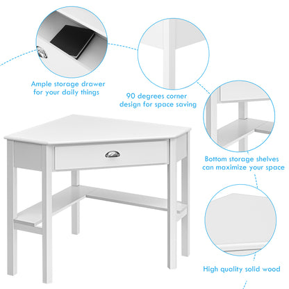 Corner Computer Desk with Drawer &amp;amp; Shelves for Office-White