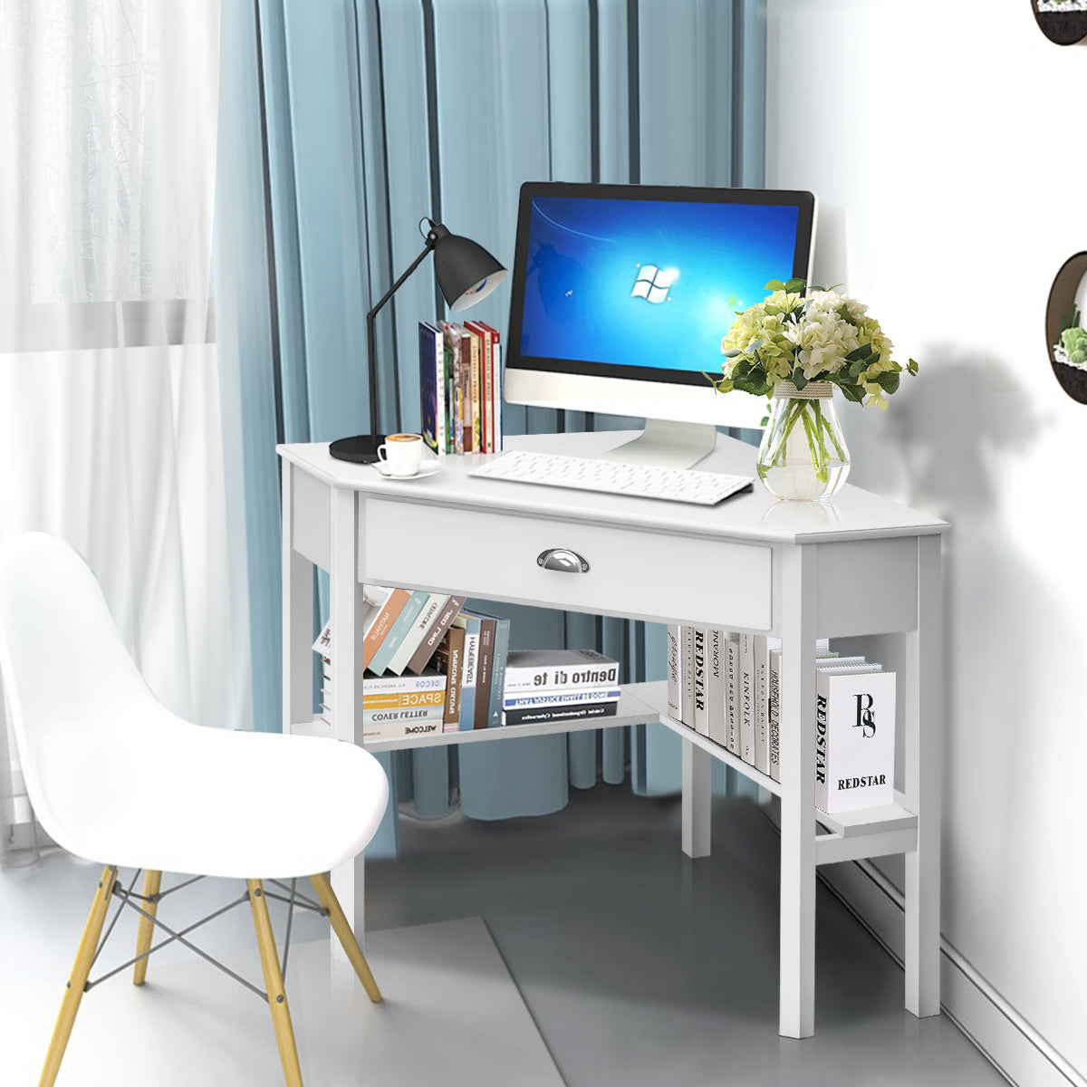 Corner Computer Desk with Drawer &amp;amp; Shelves for Office-White