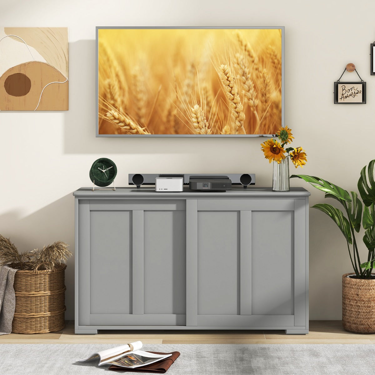 Freestanding Storage Cabinet with Sliding Door for Kitchen-Grey