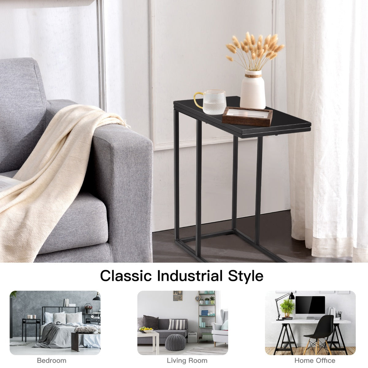Costway Industrial C-Shaped Narrow End Side Table & Rectangle Tabletop