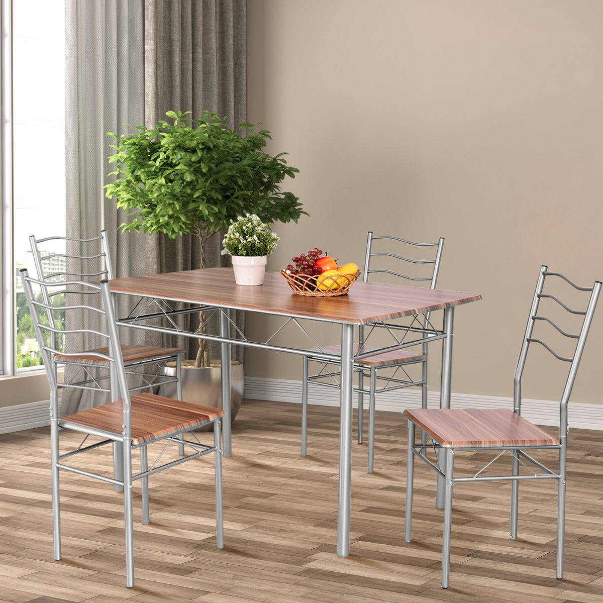 5 Pieces Dining Table Set with Rectangular Tabletop &amp; 4 High Backrest Chairs-Silver