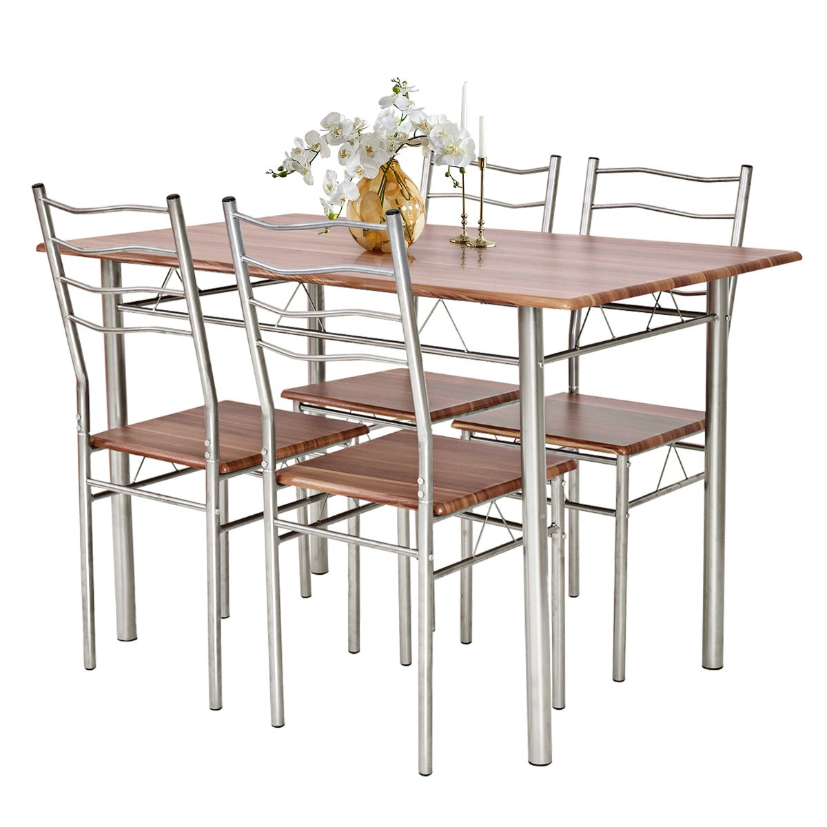5 Pieces Dining Table Set with Rectangular Tabletop &amp; 4 High Backrest Chairs-Silver