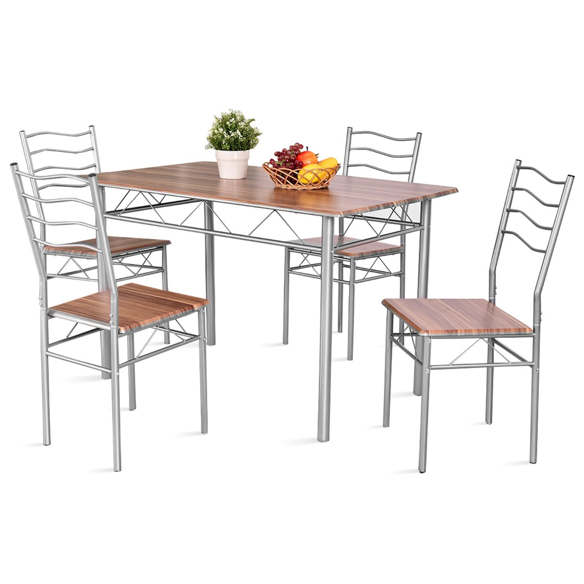 5 Pieces Dining Table Set with Rectangular Tabletop &amp; 4 High Backrest Chairs-Silver