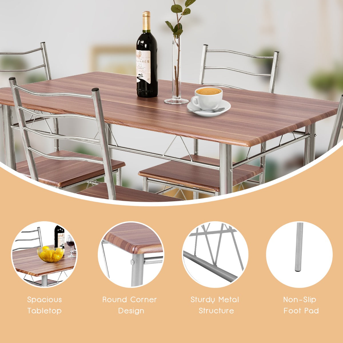5 Pieces Dining Table Set with Rectangular Tabletop &amp; 4 High Backrest Chairs-Silver
