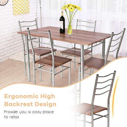 5 Pieces Dining Table Set with Rectangular Tabletop &amp; 4 High Backrest Chairs-Silver
