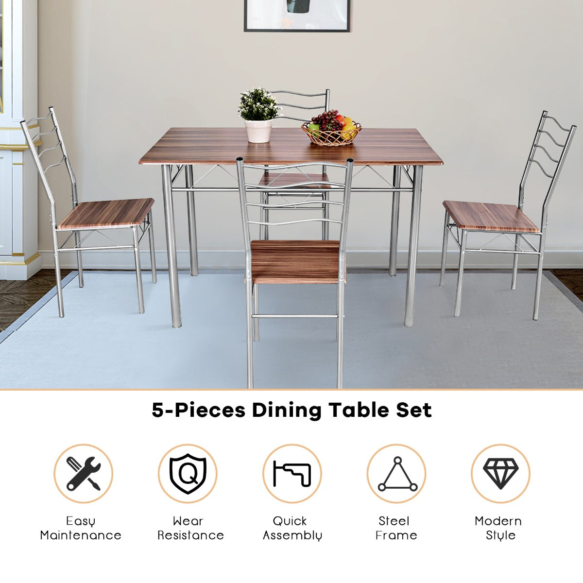 5 Pieces Dining Table Set with Rectangular Tabletop &amp; 4 High Backrest Chairs-Silver
