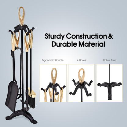 5 Pieces Iron Fireplace Set with Broom & Shovel & Poker & Tongs & Stand