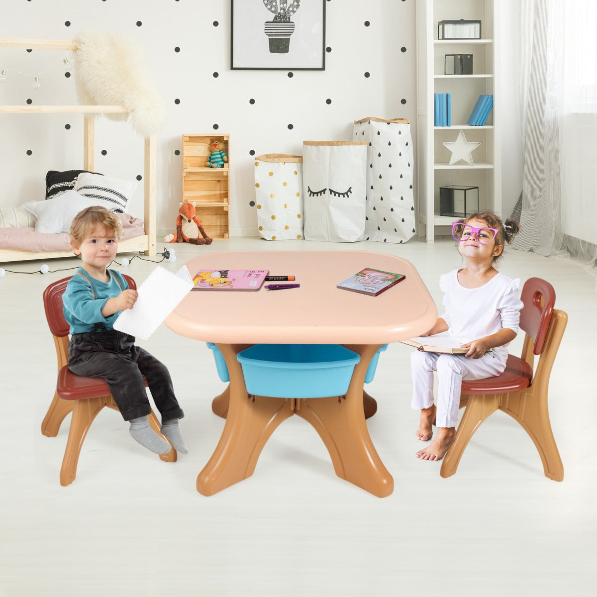 Costway 3 Sets of Table and Chairs 4 with Detachable Storage Boxes Design for Kids Coffee