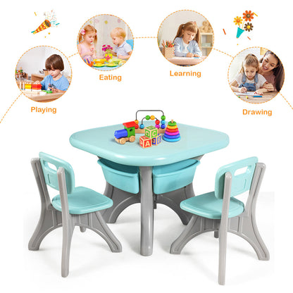 Four detachable storage boxes under the kids table organize toys, pencils, brushes, and snacks