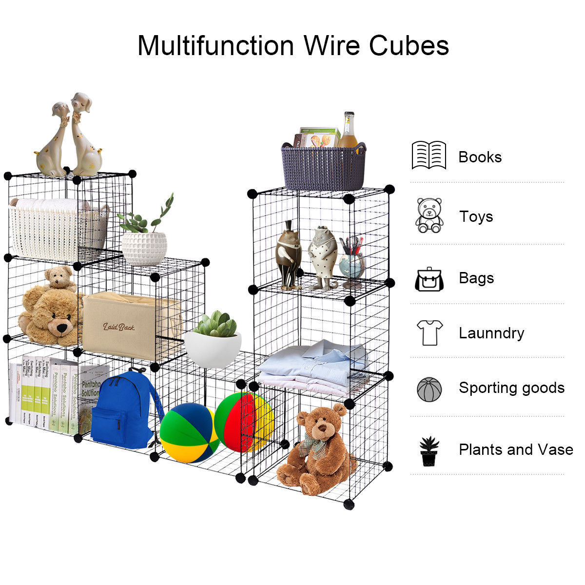Metal Wire Free Standing DIY Storage Cubes with 12 Cubes-Black