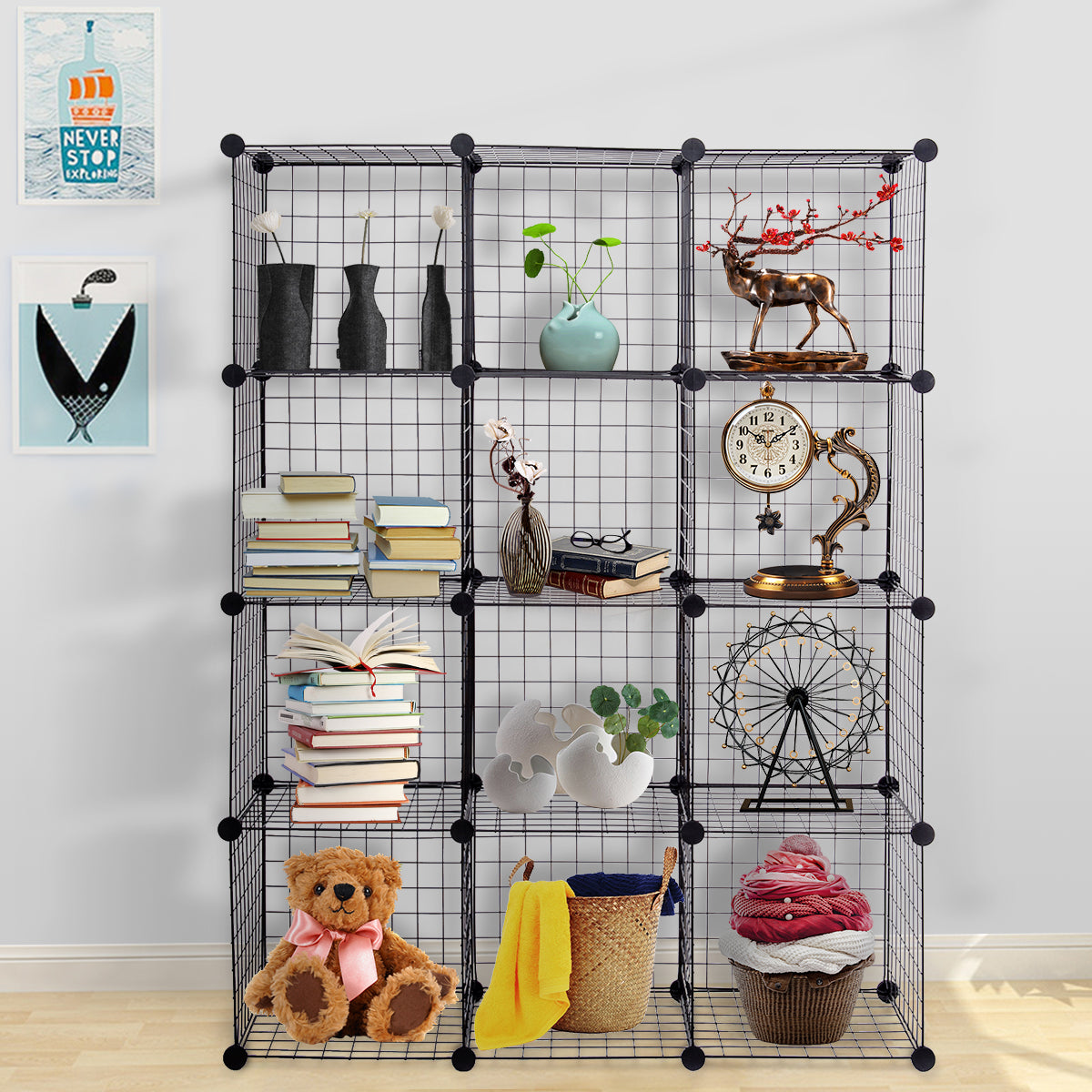 Metal Wire Free Standing DIY Storage Cubes with 12 Cubes-Black