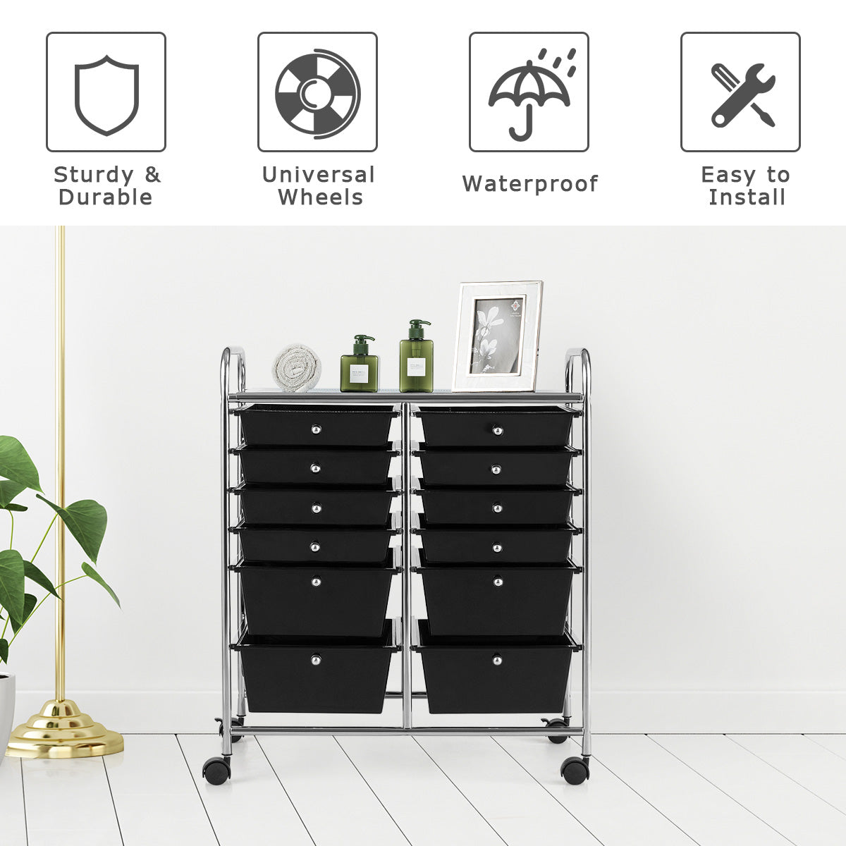 12-Drawer Rolling Storage Cart with Lockable Wheels for Home and Office