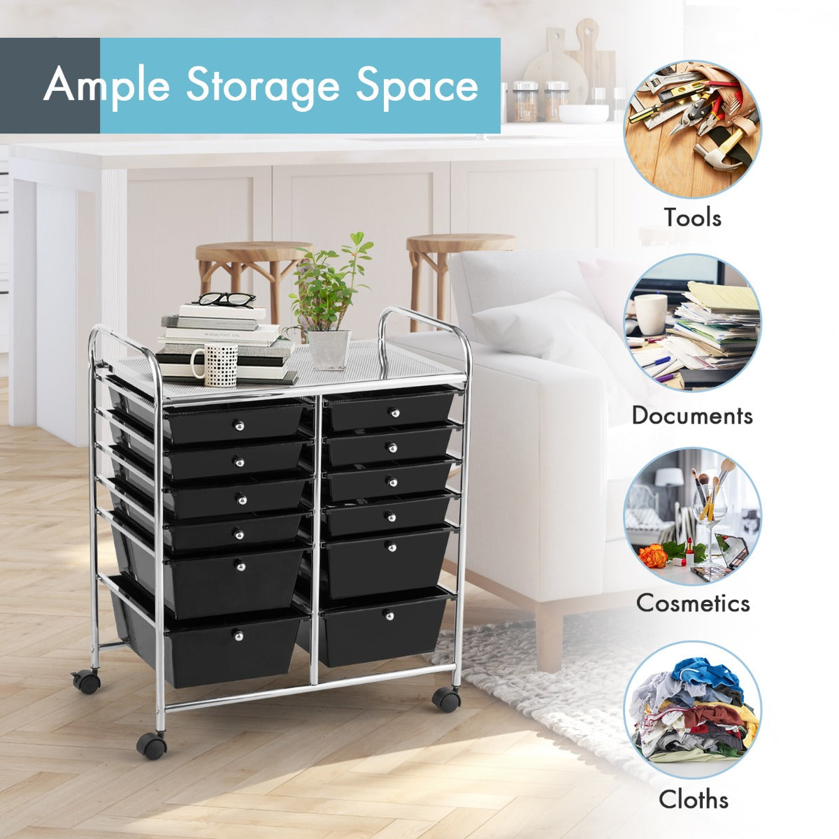 12-Drawer Rolling Storage Cart with Lockable Wheels for Home and Office