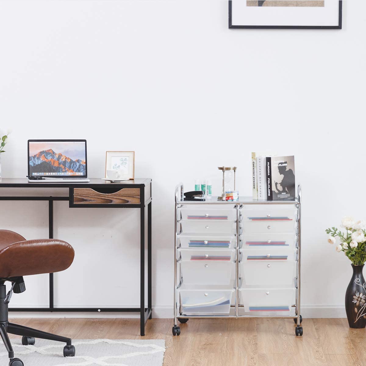Movable 12-Drawer Storage Trolley with 2 lockable for Home Office Clear