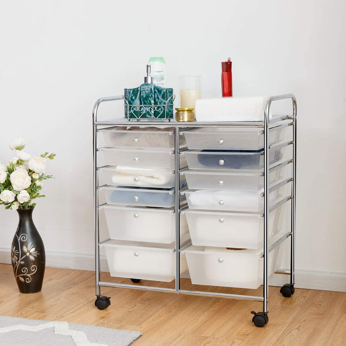 Movable 12-Drawer Storage Trolley with 2 lockable for Home Office Clear