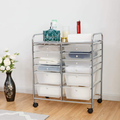 Movable 12-Drawer Storage Trolley with 2 lockable for Home Office Clear