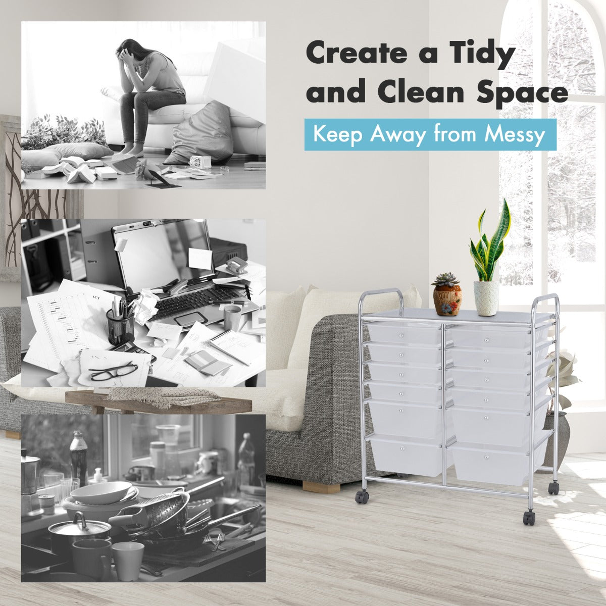 Movable 12-Drawer Storage Trolley with 2 lockable for Home Office Clear