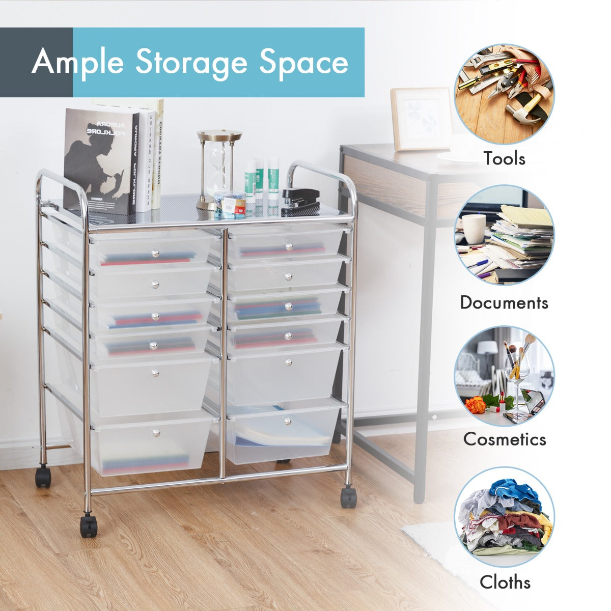 Movable 12-Drawer Storage Trolley with 2 lockable for Home Office Clear