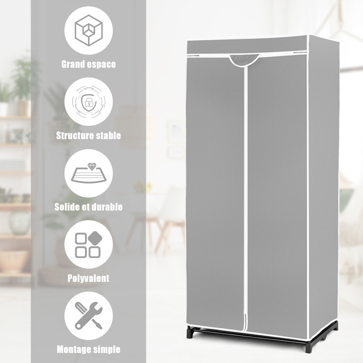 Freestanding Closet with Dust-proof Cover and Zippers for Garments/Shoes/Toys-Grey