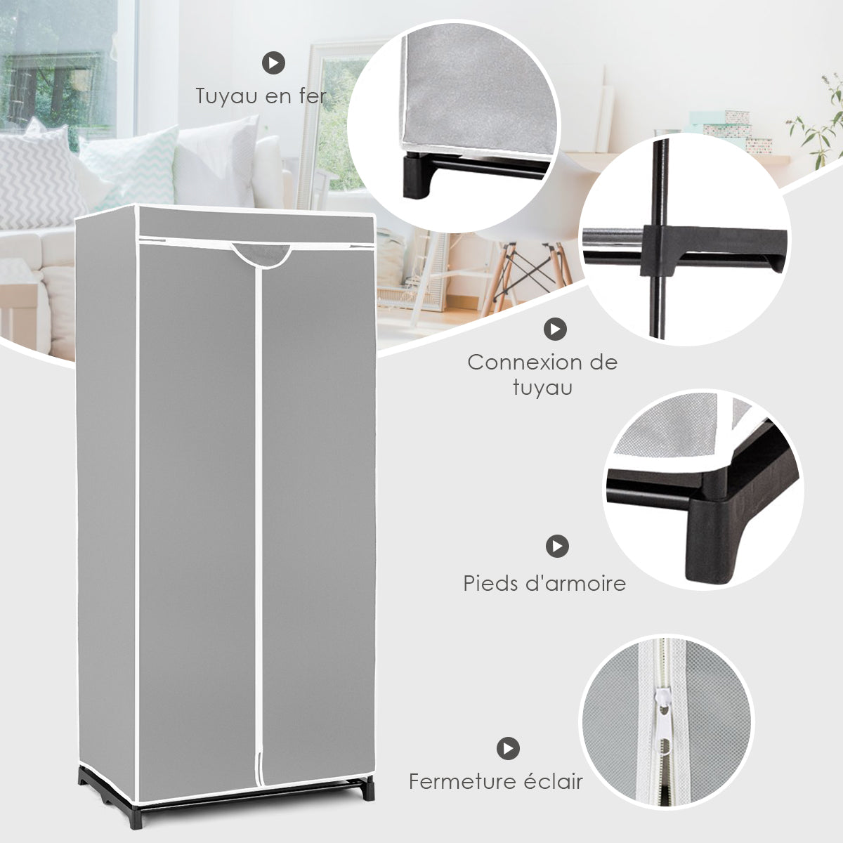 Freestanding Closet with Dust-proof Cover and Zippers for Garments/Shoes/Toys-Grey