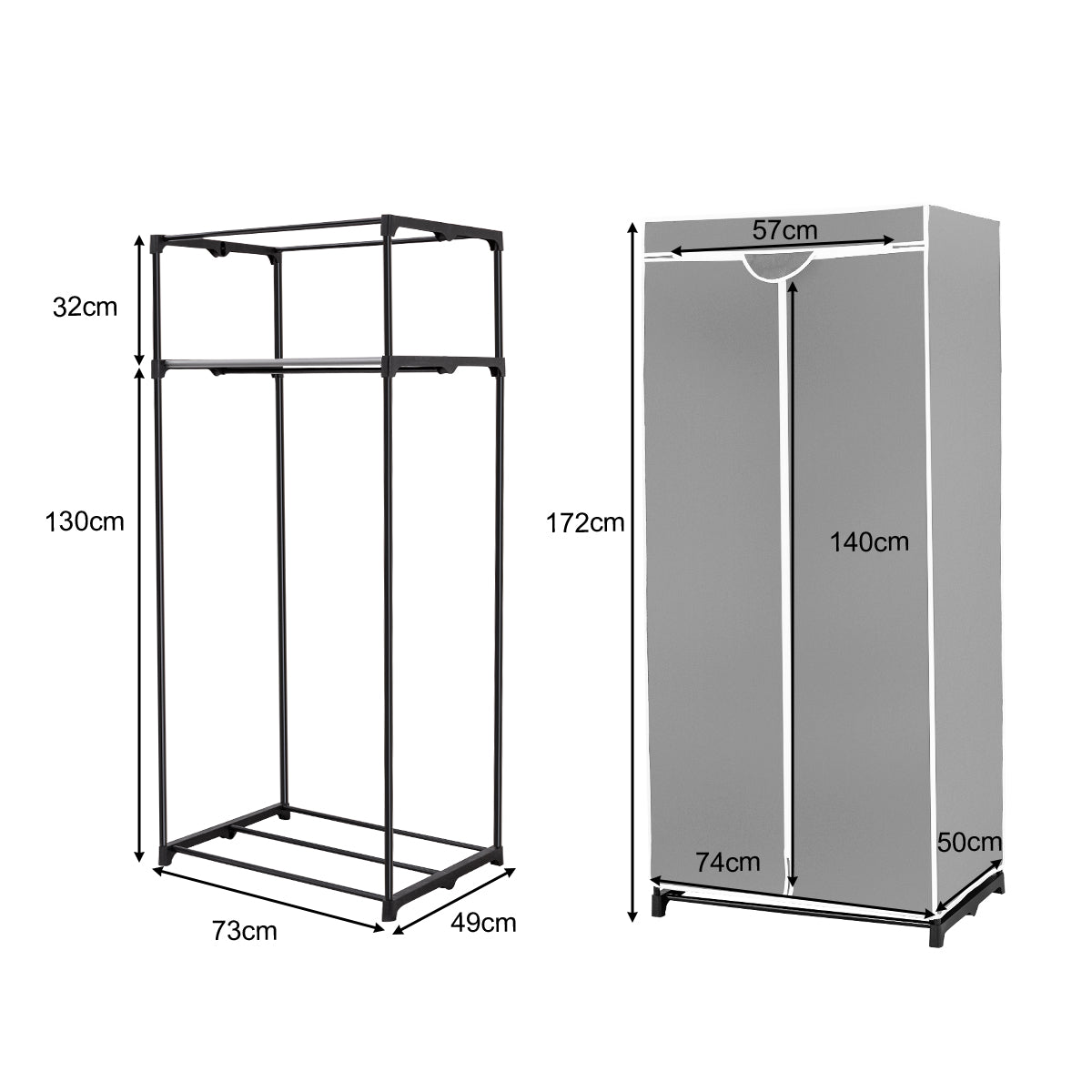 Freestanding Closet with Dust-proof Cover and Zippers for Garments/Shoes/Toys-Grey