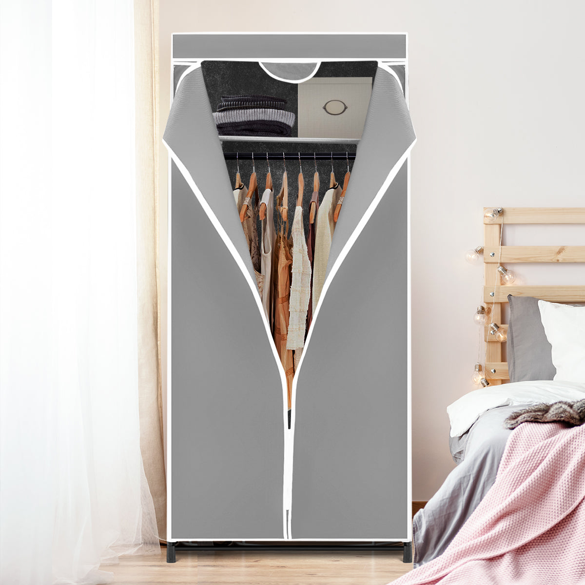 Freestanding Closet with Dust-proof Cover and Zippers for Garments/Shoes/Toys-Grey