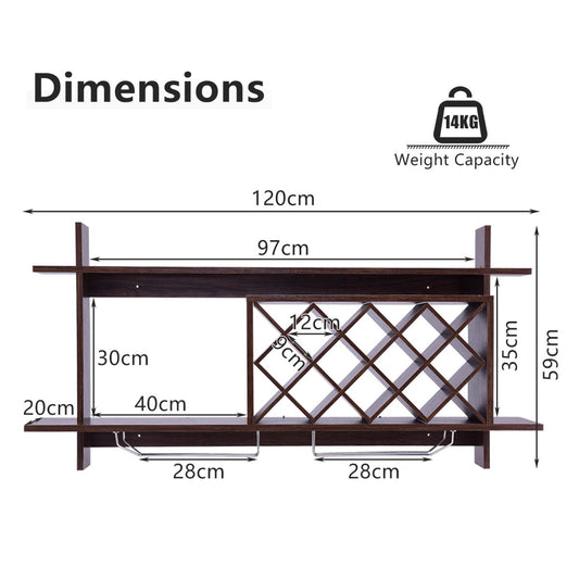Wall-mounted black walnut wine rack stores ten bottles and six wine glasses in style
