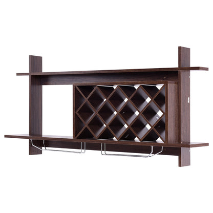 Space-saving wall wine rack with two stainless steel glass holders for compact rooms