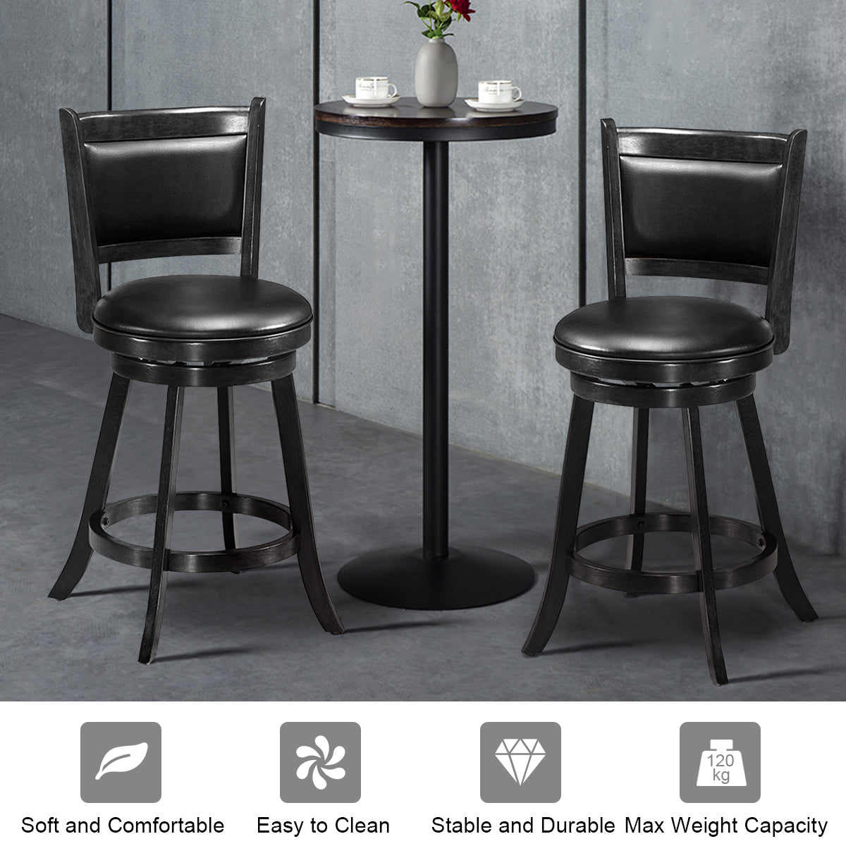 Accent Wooden Swivel Bar Height Stool for Dining Room-Black-61 cm