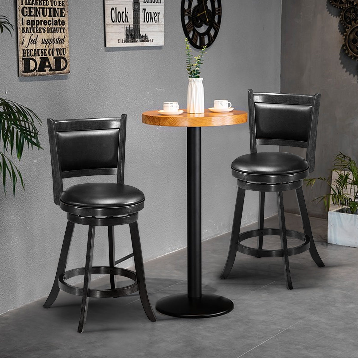Accent Wooden Swivel Bar Height Stool for Dining Room-Black-61 cm