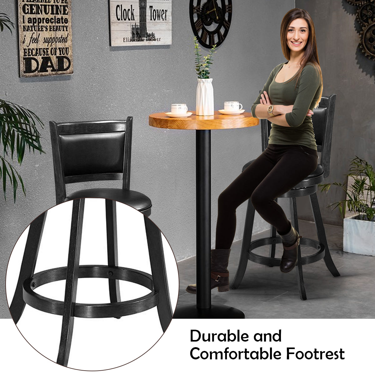 Accent Wooden Swivel Bar Height Stool for Dining Room-Black-61 cm