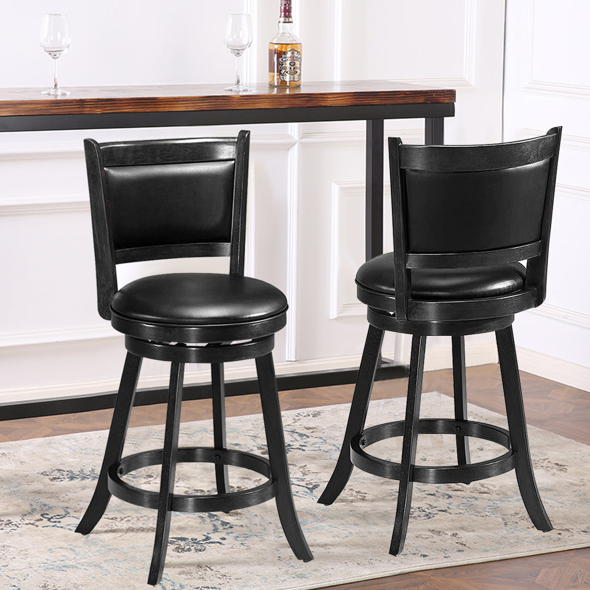 Accent Wooden Swivel Bar Height Stool for Dining Room-Black-61 cm