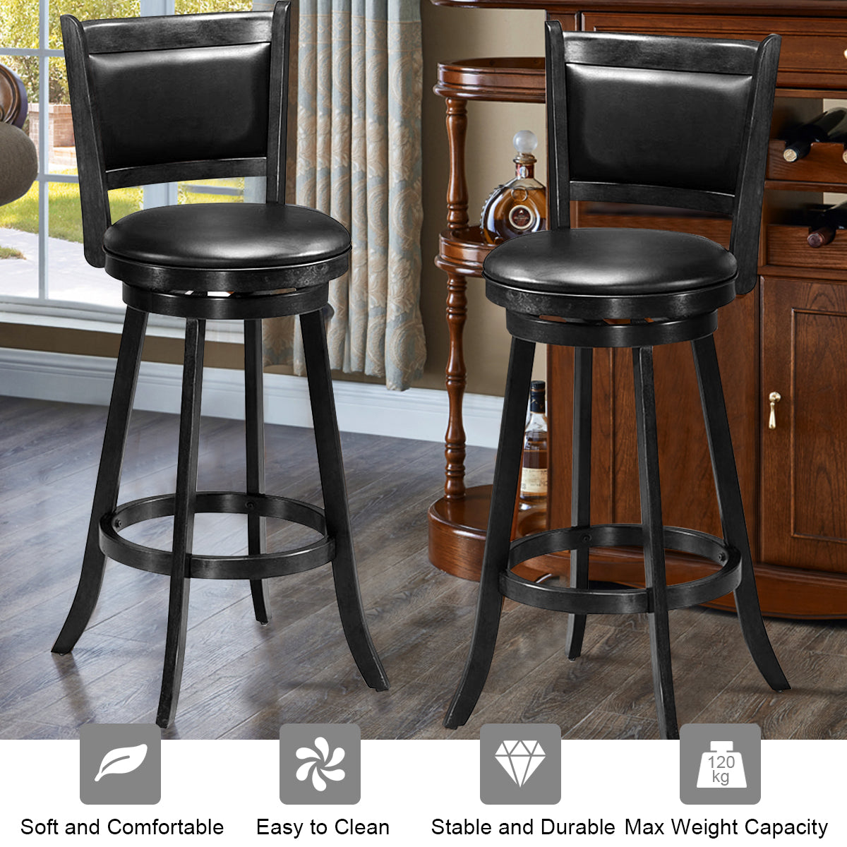 Accent Wooden Swivel Bar Height Stool for Dining Room-Black-74 cm
