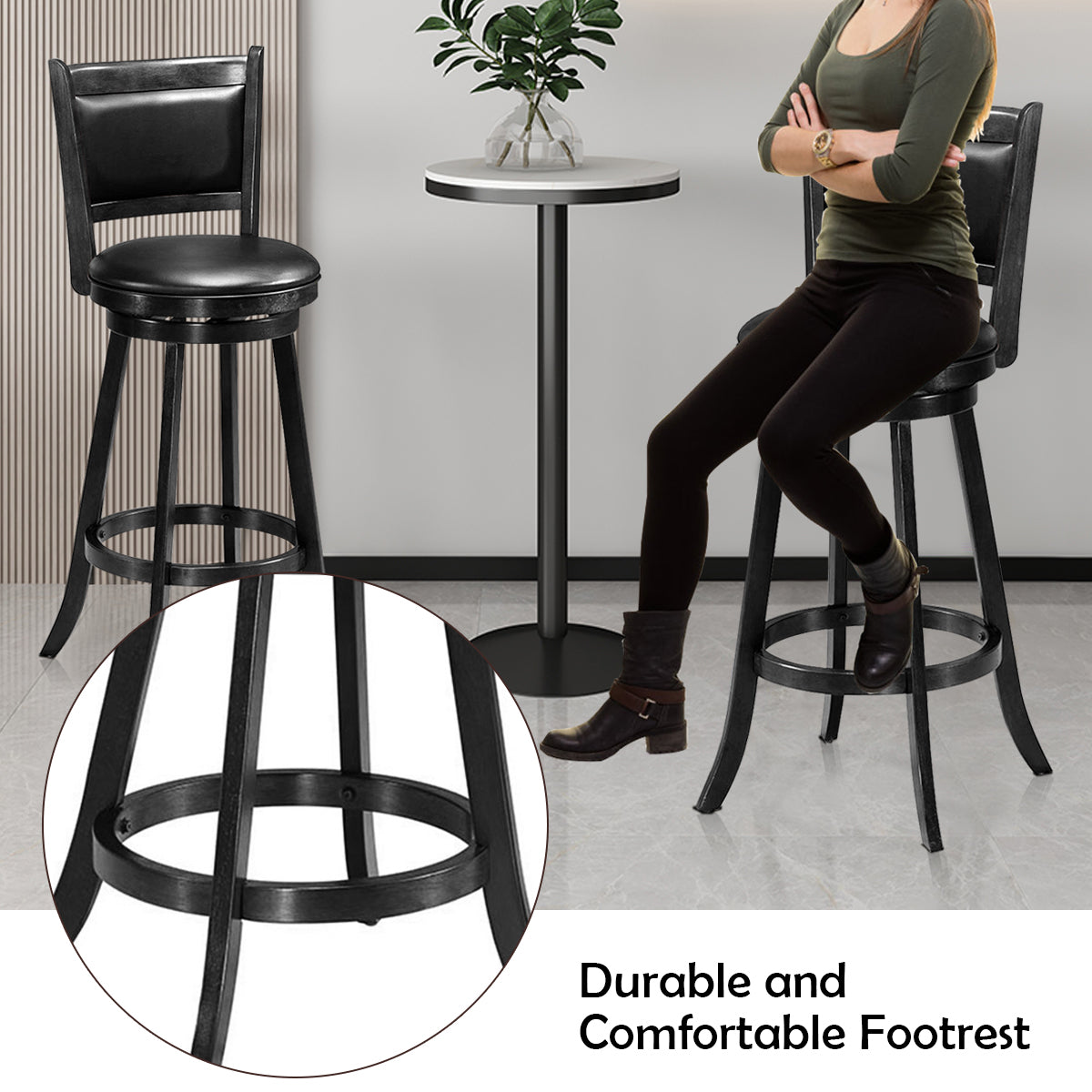 Accent Wooden Swivel Bar Height Stool for Dining Room-Black-74 cm
